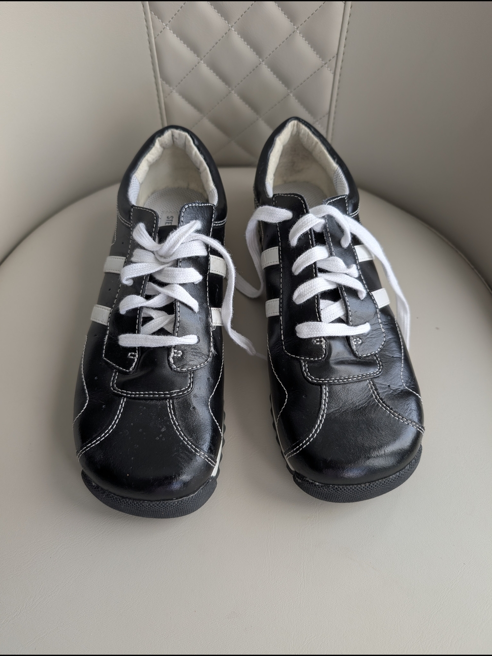 Steve Madden  Nelani Brin Black Y2K Leather Lace-Up Sneakers with White Stripes